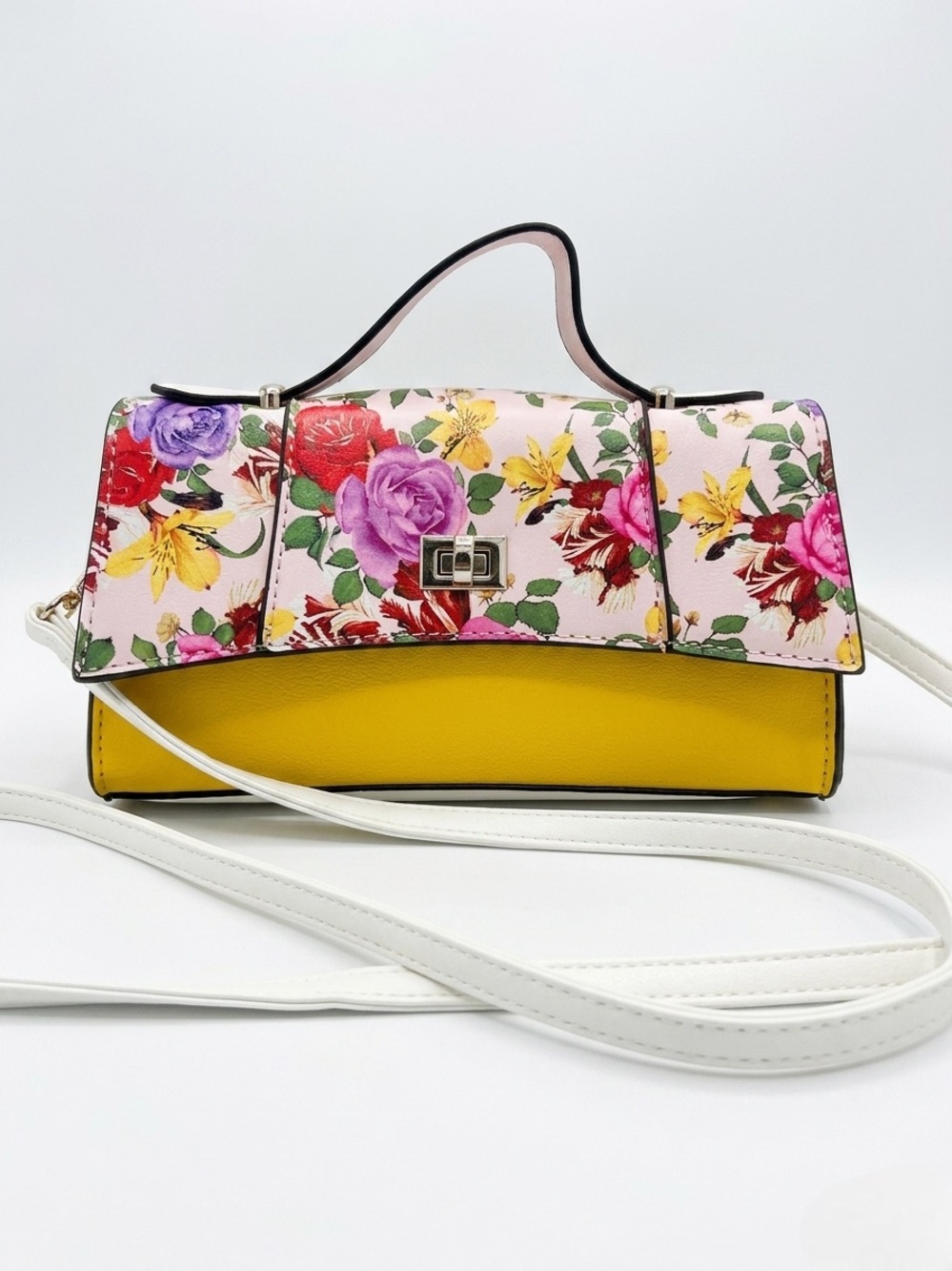Floral Print Yellow Accent Top-Handle Crossbody Bag